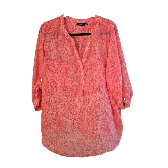Apt. 9 Orange Spotted V-Neck Pockets Roll Tab Sleeve Popover Top Womans Size 2X - Picture 1 of 4